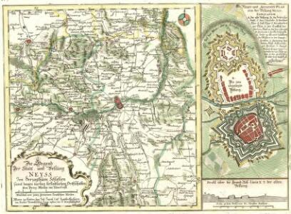 Die Gegend der Stadt und Vestung Neyss Im Herzogthum Schlesien samt denen befindlichen Orthschaften von Drey Meilen im Umcreyß