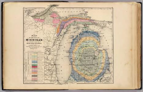 Map of the State of Michigan colored to show the geological formations.