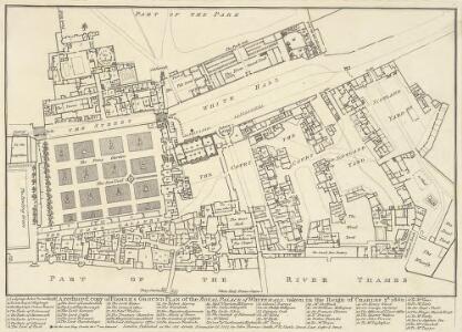 A reduced copy of FISHER'S GROUND PLAN of the ROYAL PALACE of WHITEHALL, taken in the Reign of CHARLES 2d 1680.