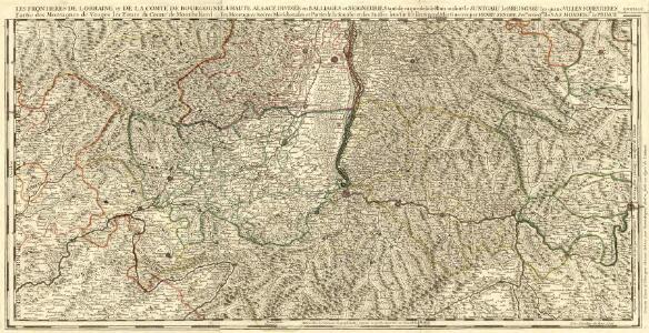 La Haute Alsace Divisée en Balliages et Seigneuries tant de ca que de la Rhin ou sont le Suntgaw le Breisgaw les quatre Villes Forestieres les Montagnes Noires Meridionales de la Souabe et des Suisses levé sur les lieuex pendatles Guerres.